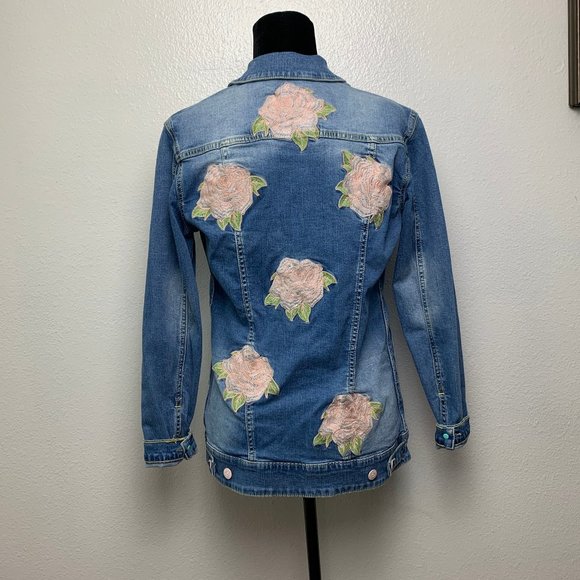 Lularoe Jaxon Embroidered Rose Denim Jacket - Picture 2 of 8